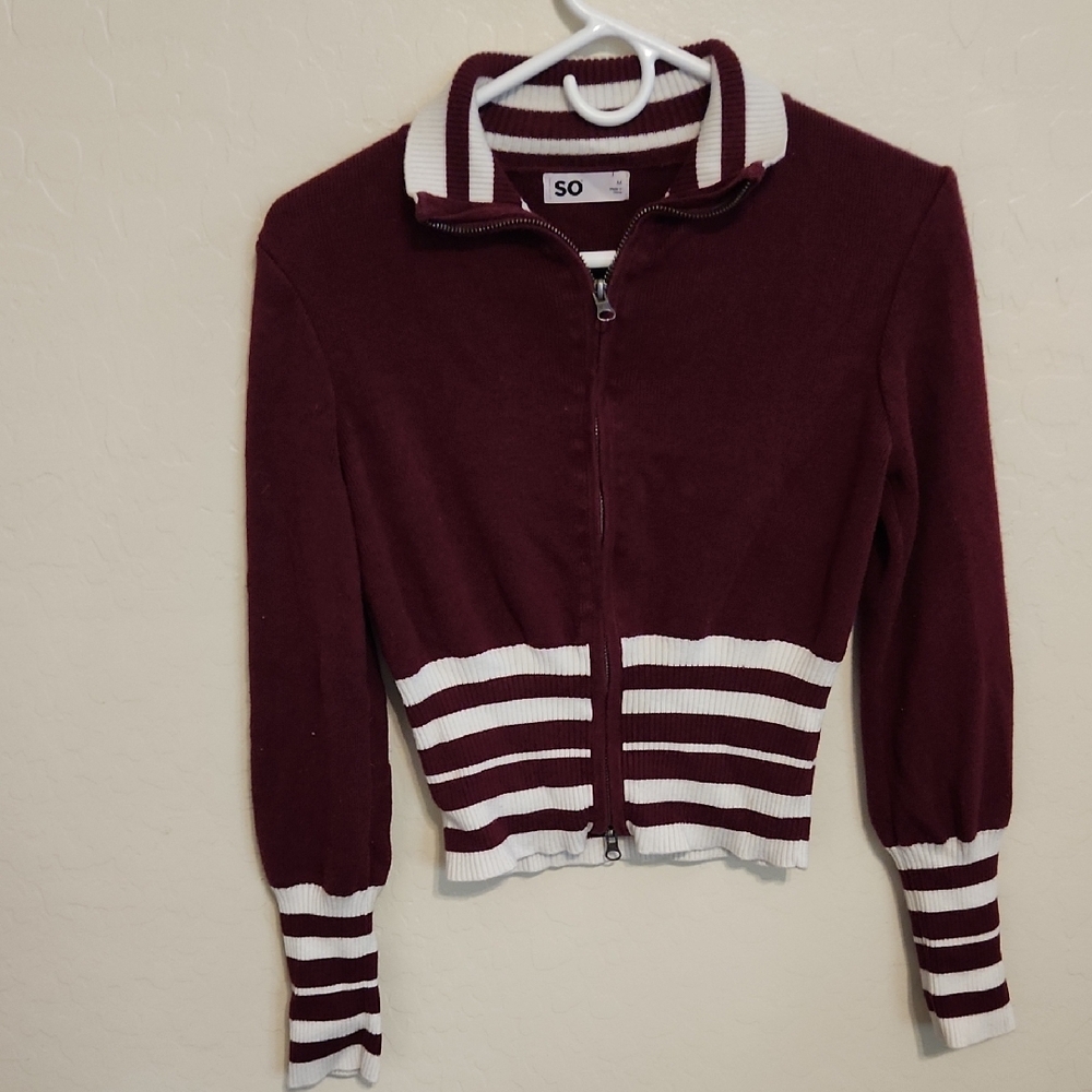 SO Maroon and Cream Zip-Up Sweater